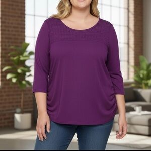 Lane Bryant Ruched Sides Pointelle 3/4 Sleeves Knit Sweater Top Sz 18/20